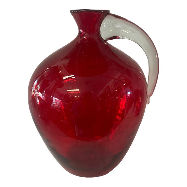 Large 1980s Red Glass Vase With Clear Handle by Blenko For Sale