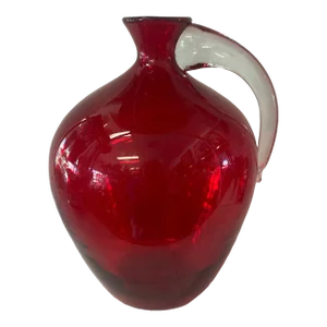 Large 1980s Red Glass Vase With Clear Handle by Blenko
