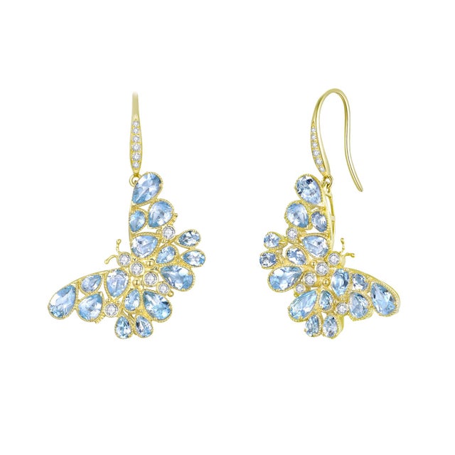 Blue Nina Zhou Butterfly Blossoms 8.68ctw Aquamarine, Moonstone, Turquoise & Diamond Convertible Drop Earrings For Sale - Image 8 of 10