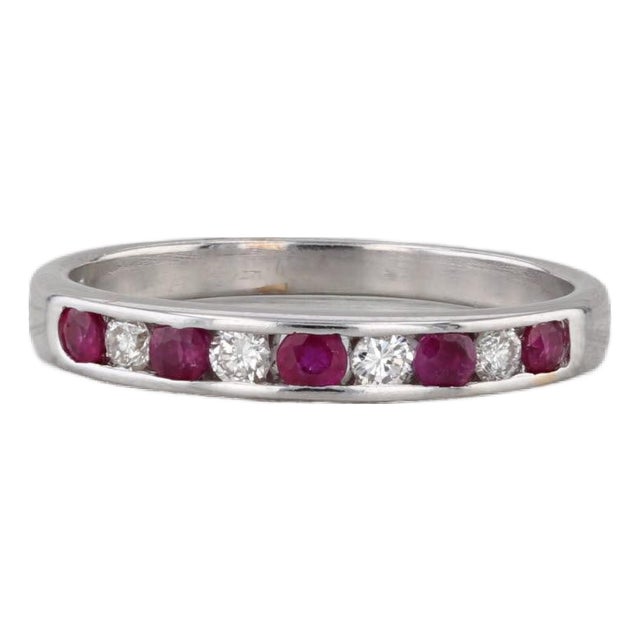 0.40ctw Diamond Ruby Wedding Band 14k White Gold Size 6.5 Stackable Wedding Band For Sale