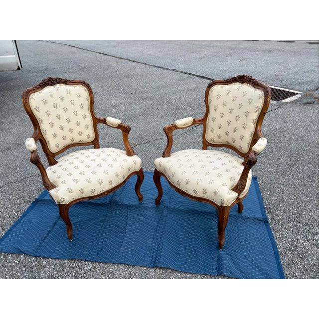 Pair of Carved Walnut French Louis XV Style Fauteuil Armchairs 1940s For Sale - Image 10 of 12