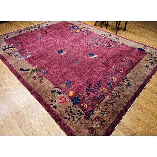 Vintage Chinese Art Deco Hand-Knotted Rug, Floral Motif, Wool, 1900s, 9' x 12' For Sale - Image 11 of 18