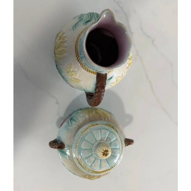 Ceramic Antique 19th C. English Majolica Pond Lily & Rope Pitcher Set - Samuel Lear For Sale - Image 7 of 10