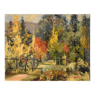 Autumn at the Cottage in the Woods - Landscape in Oil on Masonite by Evelyn Campbell For Sale