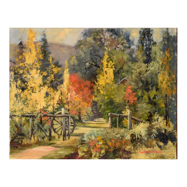 Autumn at the Cottage in the Woods - Landscape in Oil on Masonite by Evelyn Campbell For Sale