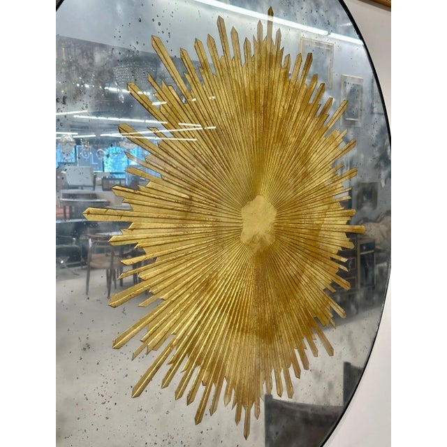 Gold Hollywood Regency Style, Modern Round Sunburst Mirrors, Distressed Glass For Sale - Image 8 of 11