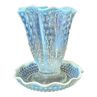 1940s Fenton Blue Opalescent Hobnail Art Glass Vase and Bowl Set - 2 Pieces For Sale