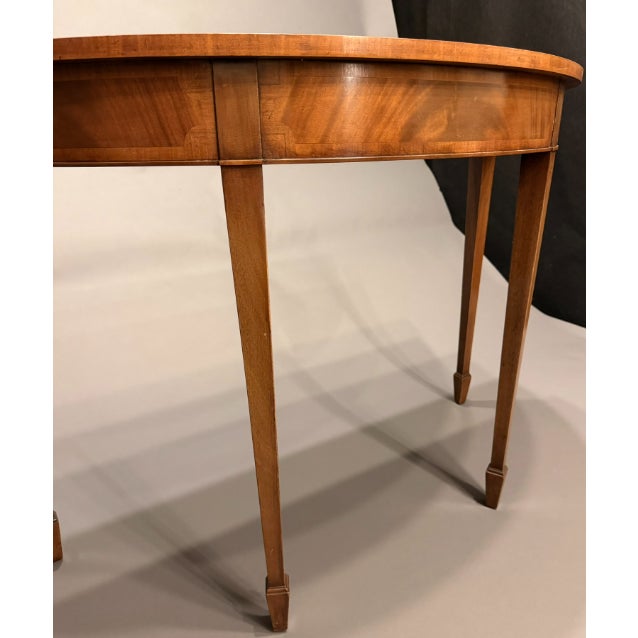 English English Mahogany Hepplewhite Style Demilune Console Table With Exotic Wood Inlay & Sunburst Medallion, Circa 1920s For Sale - Image 3 of 7