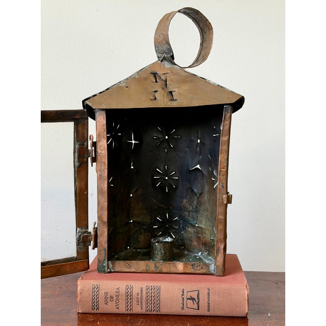 Antique Handcrafted Punched Tin & Copper Lantern | Folk Art Candle Lantern With Original Glass Door For Sale - Image 4 of 10