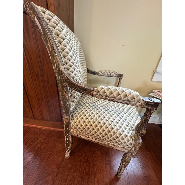 Pair of Antique French Louis XVI–Style Bergère Chairs, Green & White Striped Upholstery For Sale In New York - Image 6 of 7