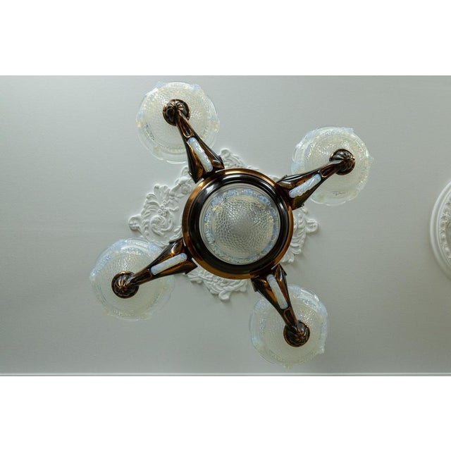 Art Deco French Coppered Metal and Opalescent Glass Chandelier from Ezan, 1930s For Sale - Image 14 of 18