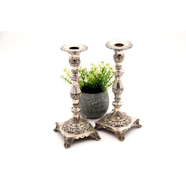 Metal Silver Candlesticks with Turned and Engraved Shafts, Set of 2 For Sale - Image 7 of 7