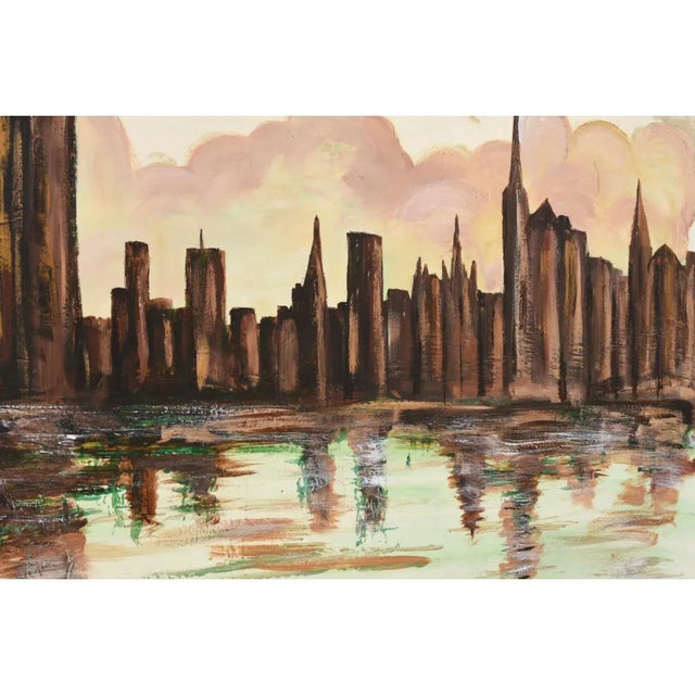 Lee Reynolds Style Green and Brown Mid-Century Modern Cityscape Skyline Painting For Sale - Image 6 of 10