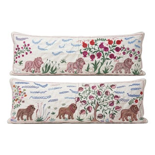 White Lion Suzani Lumbar Pillow Cover 18'' X 54'' - Set of Two For Sale