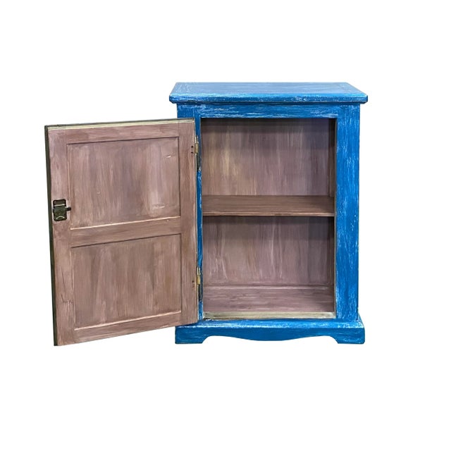 Distressed Blue Lacquer Slim Narrow Single Door Side Cabinet Chest For Sale - Image 4 of 8