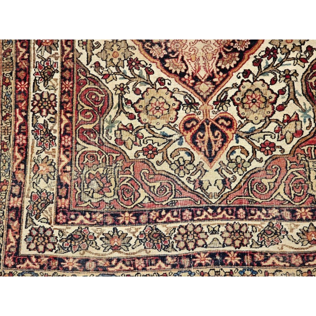 Ivory Antique Persian Kerman Lavar Area Rug, Floral Design, Wool, 1880s For Sale - Image 8 of 12