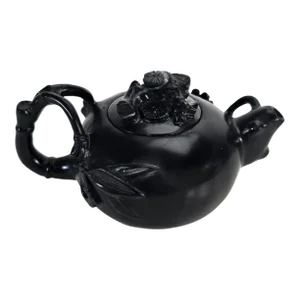 Vintage Chinese Black Marble Teapot Sculpture With Carved Bamboo Motif 5.5"