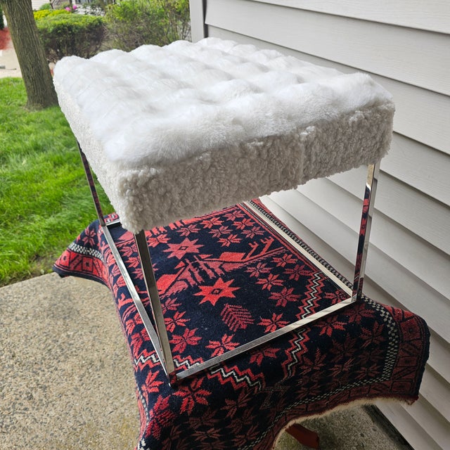 Metal 1980s Extra Soft Biscuited Faux Fur Chrome Vanity Bench For Sale - Image 7 of 7