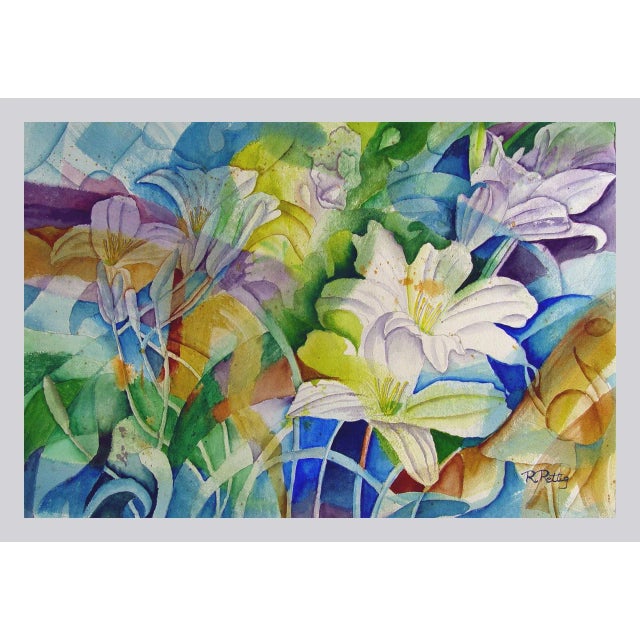 Shabby Chic 1960s Abstract Lilies Watercolor Painting For Sale - Image 3 of 4
