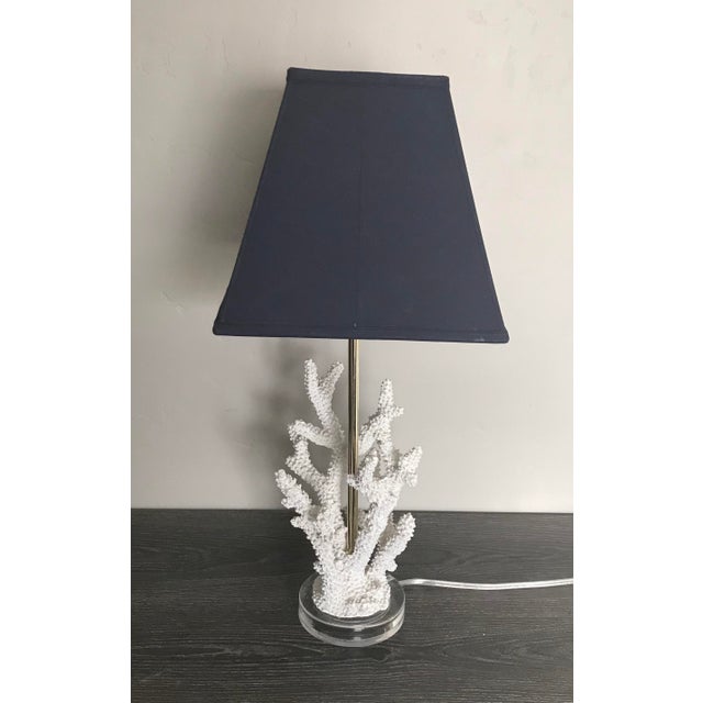 White Faux Coral Lamp With Navy Blue Shade | Chairish