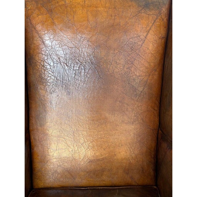 Pair of English Georgian Style Wingback Armchairs - Distressed Brown Leather For Sale - Image 16 of 17