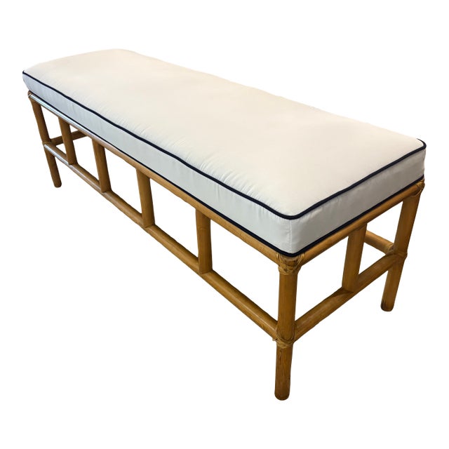 Vintage Palm Beach Rattan Bench Newly Upholstered Navy Blue & White For Sale