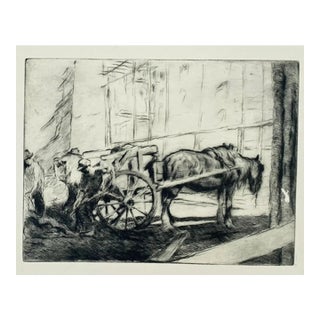 1920s Pal Fried Horse & Wagon With Workers Etching For Sale