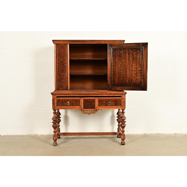 Early 20th Century Early Romweber Antique English Jacobean Carved Oak and Burl Wood Bar Cabinet, Circa 1900 For Sale - Image 5 of 16
