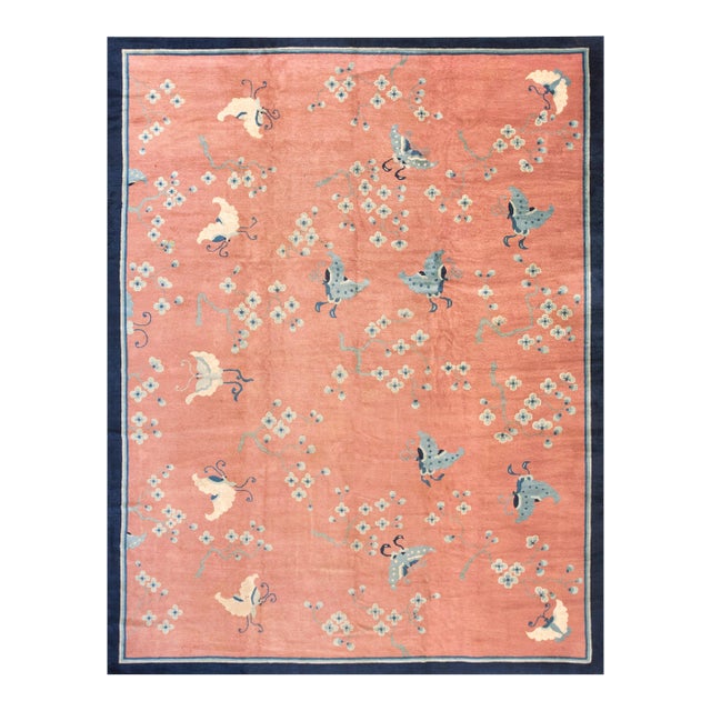 1890s Pink-Cerise Roses Antique Chinese Peking Rug 9'3" X 11'9" Handknotted Wool Carpet For Sale