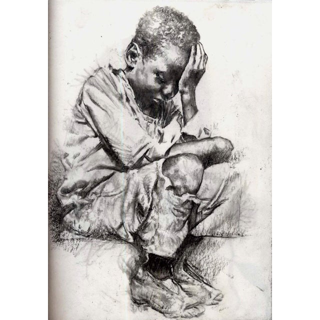 The artwork depicts a contemplative child, seated with his head resting on one hand, embodying a moment of introspection...