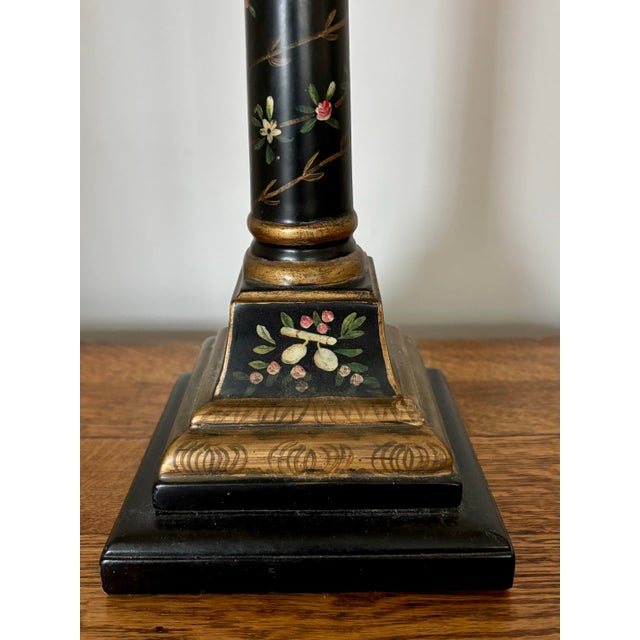 Rustic European Mid 20th Century Black and Gold Neoclassical Style Column Lamp With Painted Florals For Sale - Image 3 of 12