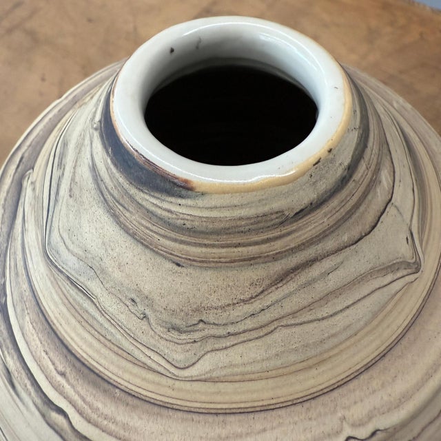 Beige Round Beige & Charcoal Sandstone Dunes Ceramic Vase For Sale - Image 8 of 8