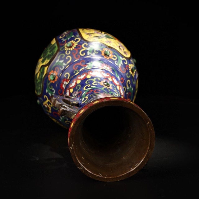 Blue Monumental Vintage Chinese Cloisonné Enamel "Cranes & Bamboo" Vase - 3940g, 40cm For Sale - Image 8 of 9