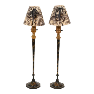 Pair of Gilt and Black Painted Metal Candlesticks Lamps. France, 19th Century