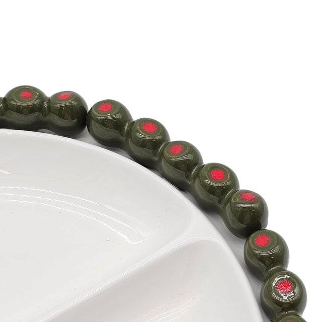 White Mid-Century Modern Olive Motif Appetizer Tray by Sur La Table – Portugal Sectioned 14" Ceramic For Sale - Image 8 of 11