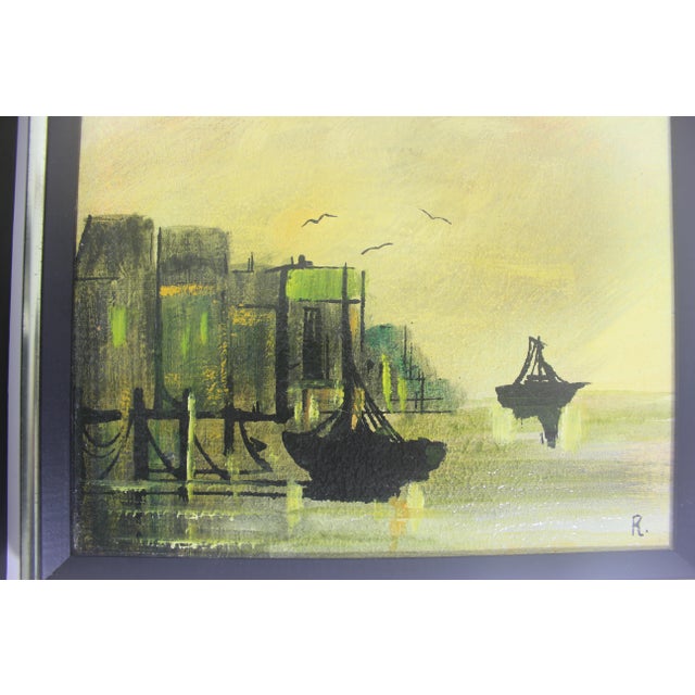 Wood Signed Vintage Oil Paintings, Marina Sailboats, Mid-Century Nautical Art Framed, a Pair For Sale - Image 7 of 14