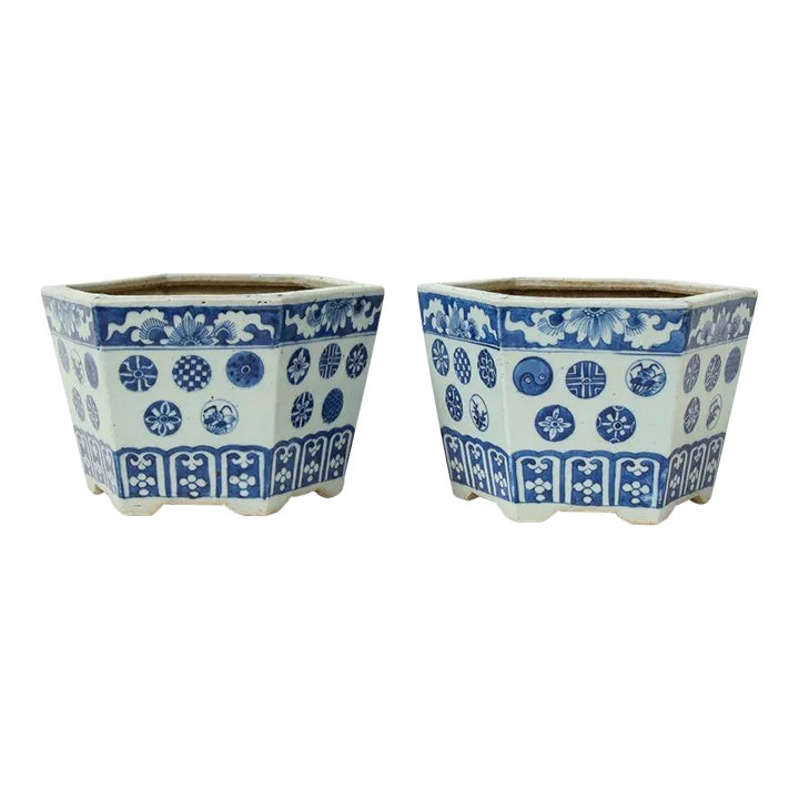 Pair of Chinese Export Blue and White Porcelain Cachepots | Chairish