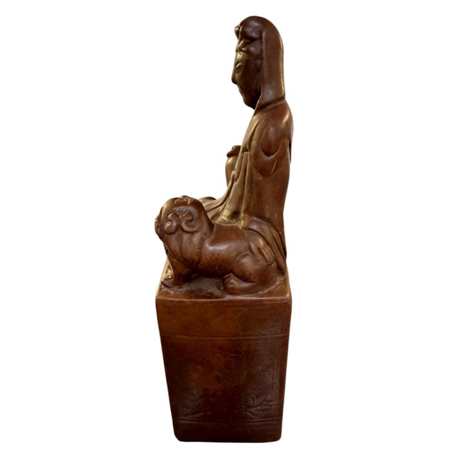 Chinese Antique Chinese Soapstone Guanyin Foo Dog Sculpture Gemstone Fan Co 7.75" For Sale - Image 3 of 7