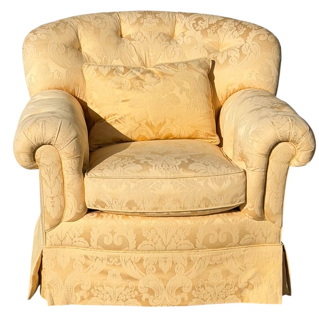 Brunchwig & Fils Yellow Damask Fully Upholstered Roll Arm Club Chair - 1 of 2 For Sale In Los Angeles - Image 6 of 6