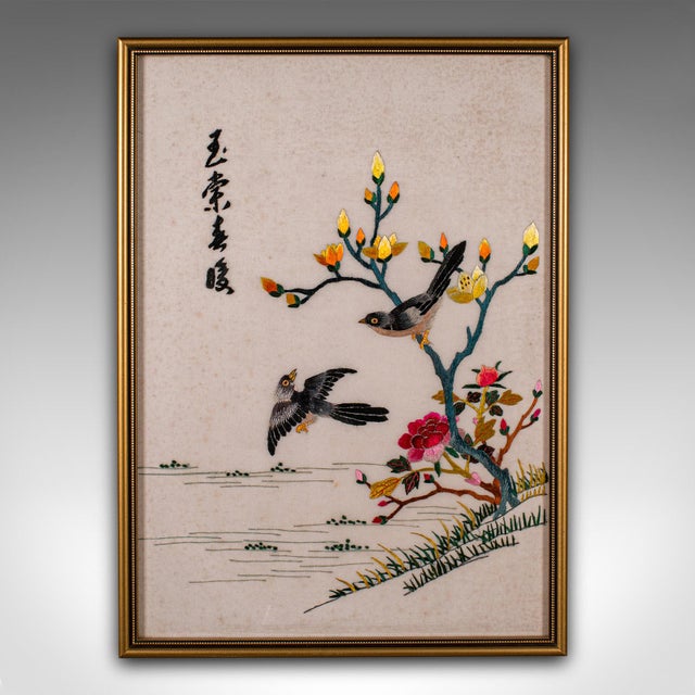 This is a vintage display panel. A Korean, framed silk cotton embroidery scene, dating to the Art Deco period, circa 1930....