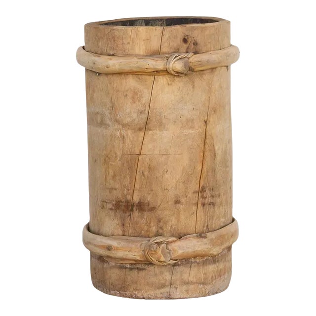 Tall Rustic Wood & Bamboo Vase For Sale