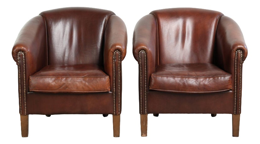 Sheepskin Club Armchairs in Dark Cognac, Set of 2