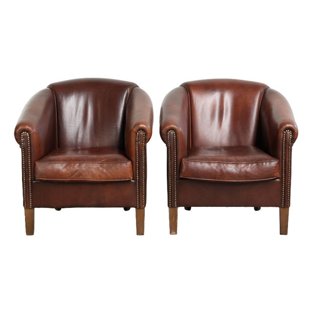 Sheepskin Club Armchairs in Dark Cognac, Set of 2 For Sale