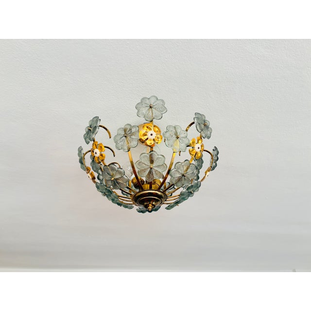 Glass Vintage Italian Hand-Painted Sage Green Glass & Brass Floral Flush Mount Chandelier For Sale - Image 7 of 18