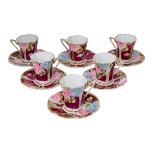 Victorian Footed Porcelain TeaCup and Saucer Set of 6 Circa 1930