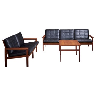 Black Leather Sofas & Side Table from Illum Wikkelso Capella, Denmark, 1960s, Set of 3 For Sale