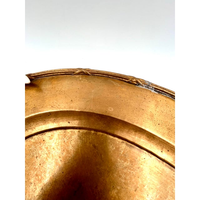 Vintage Italian Hollywood Regency Oval Statement Size Brass Tray With Faux Boar Tusk Handles and Cross Strap Trim For Sale - Image 10 of 16