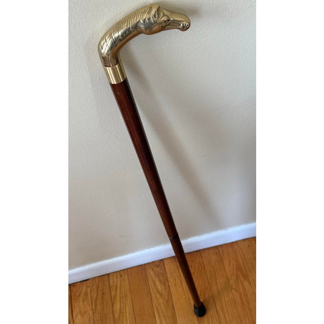 Chinoiserie 20th Century Chinoiserie Brass Horse Head Wood Cane Walking Stick For Sale - Image 3 of 7