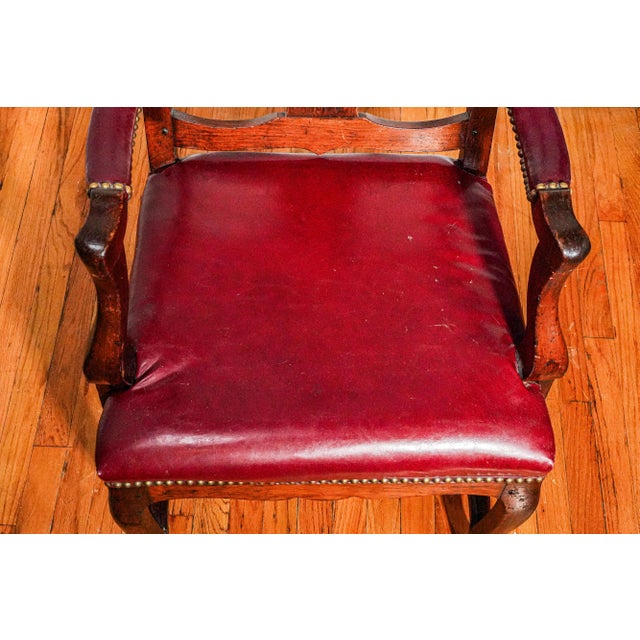 Beautiful English Antique Carved Wood Walnut Desk Arm Chair Leather Seat For Sale In New York - Image 6 of 18