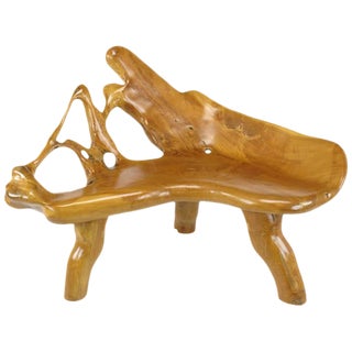 Organic Form Three-Leg Boomerang Teak Root Bench For Sale